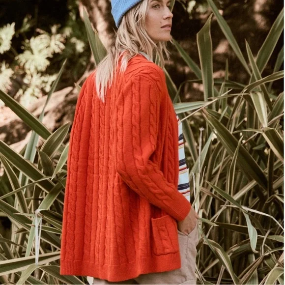 THE GREAT Cable Grandpa Cardigan in Habanero Orange Red Sz XS - Picture 2 of 11